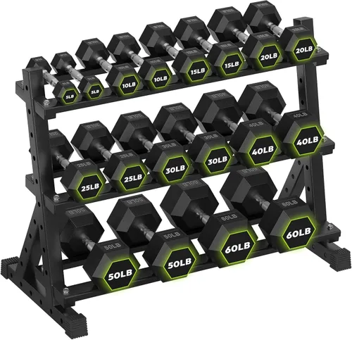 Vista 13 de HANDBODE Dumbbell Set with Rack, Rubber Coated Fixed Dumbbells 360-790 lbs Heavy Duty Hexagonal Weights, Non-Roll Hexagon Shape for Stability