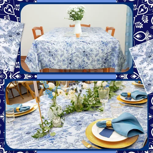 Vista 4 de Ganeen Mantel de plástico con flores azules, 12 unidades, diseño floral, vintage, desechable, rectangular, de plástico, 54 x 108 pulgadas