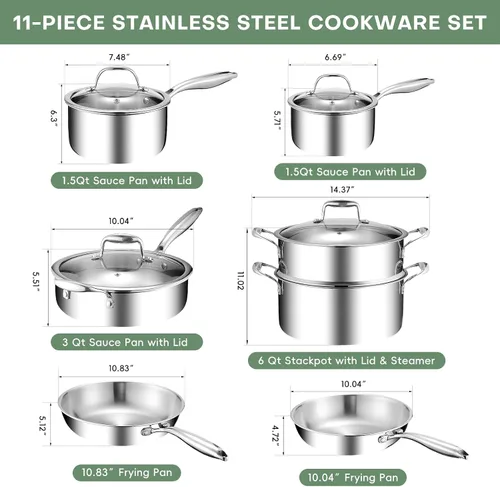 Vista 2 de Juego de 11 piezas de ollas y sartenes, juego de utensilios de cocina de acero inoxidable 18/10, compatible con inducción, revestimiento libre
