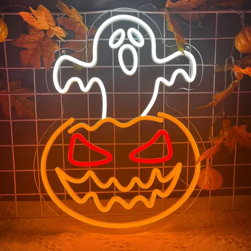 Vista 3 de Letrero de neón de calabaza fantasma de Halloween, cara de fantasma, luz de neón espeluznante de calabaza de neón, letreros LED regulables