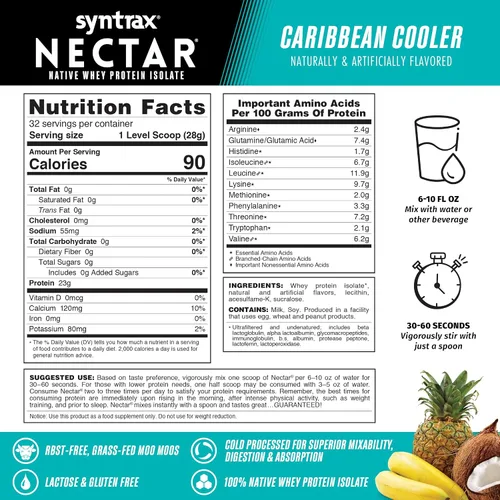 Vista 4 de Syntrax Nutrition Nectar, polvo aislado de proteína de suero 100%, sabor refrescante de frutas, enfriador caribeño, 2 libras