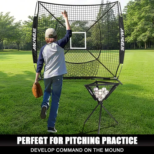 Vista 5 de 6'X6' Baseball Softball Practice Net with Batting Tee and Ball Caddy, Bonus Strike Zone Target and Bow Frame, for Hitting, Pitching, Catching