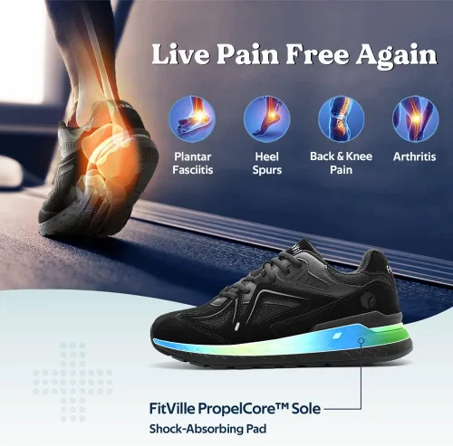 Vista 4 de FitVille Zapatos de caminar extra anchos para hombre, tenis de ancho ancho ancho para pies planos, ajuste de arco, alivio del dolor en el talón
