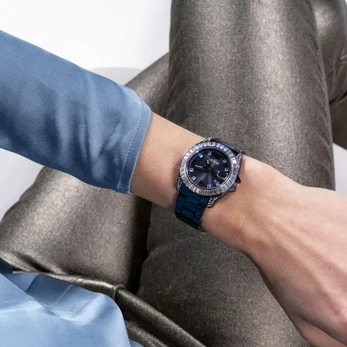 Vista 6 de GUESS US - Reloj analógico de cristal azul e iridiscente para mujer, Arco iris