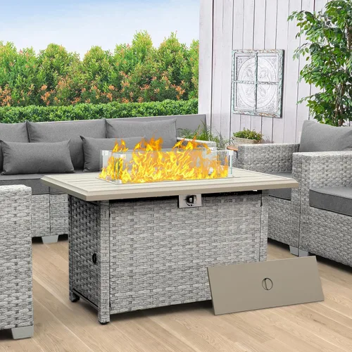 Vista 2 de WAROOM Fogata de propano para exteriores, mesa de fogata de patio de mimbre PE de 43 pulgadas con protector contra el viento de vidrio, vidrio