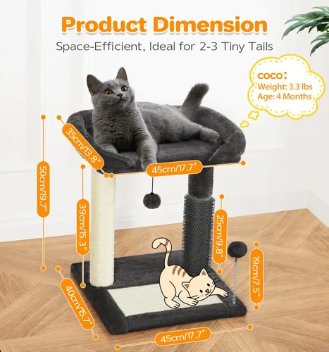 Vista 3 de Made4Pets - Torre de árbol pequeño para gatos, poste rascador para gatos 4 en 1 con cepillo de aseo para gatos, rascador de sisal natural de 20 Gris