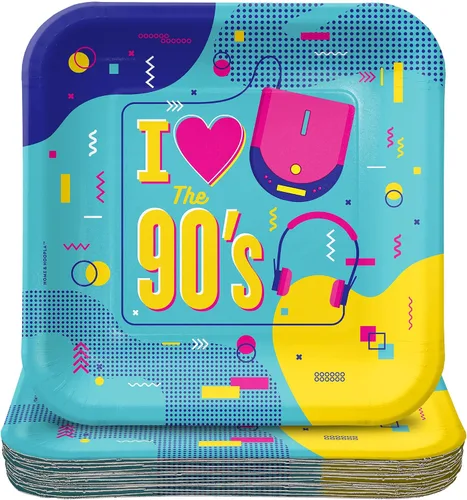 Vista 22 de HOME & HOOPLA Suministros para fiestas de los 80 - Platos de postre de papel cuadrados con íconos totalmente geniales de los años 1980 para 16