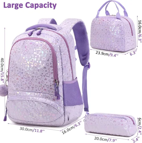 Vista 39 de Juego de mochila para niñas y adolescentes, mochila escolar para niños con bolsa para el almuerzo, estuche para lápices, mochilas escolares