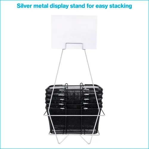 Vista 3 de SSWBasics Cestas de compras de metal negro con soporte y letrero – Juego de 12 – Dimensiones de la cesta 17 pulgadas de ancho x 12 pulgadas