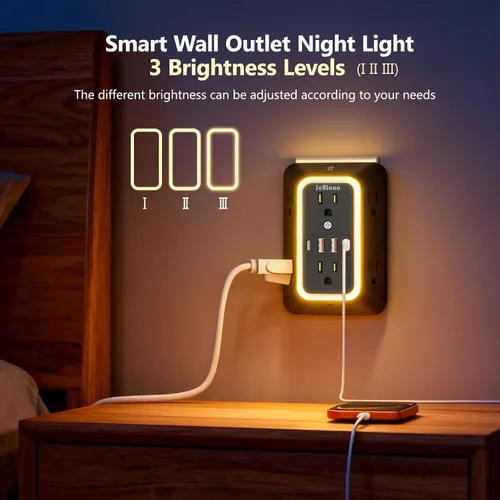 Vista 5 de Extensor de toma de corriente de pared con luz nocturna, adaptador de enchufe de alimentación extensor de 6 salidas con 4 puertos de carga USB