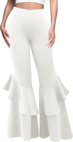 Vista 7 de GUOLEZEEV - Pantalones de cintura alta con volantes estilo flare para mujer, pierna ancha, color liso negro#1