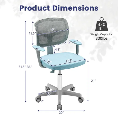 Vista 3 de Silla de escritorio para niños, silla ergonómica giratoria para estudio con soporte lumbar, malla transpirable y ruedas de bloqueo automático, silla