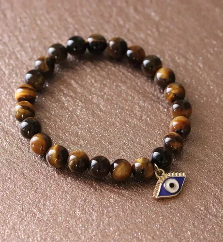 Vista 4 de T. VICTORIA - Brown Natural Tiger Eye Evil Eye Protection Prosperity Solar Plexus Chakra Healing Crystal Charm Beaded Stretch Gemstone Bracelet