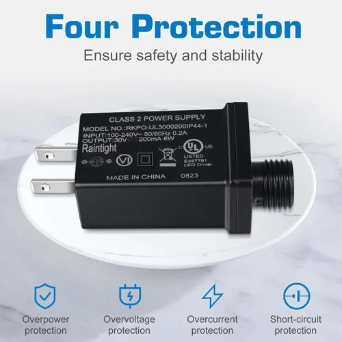 Vista 2 de Fuente de alimentación de 30 V 6 W clase 2, transformador de bajo voltaje LED impermeable de 0.2 A IP44 con enchufe de EE. UU., para luces de cadena