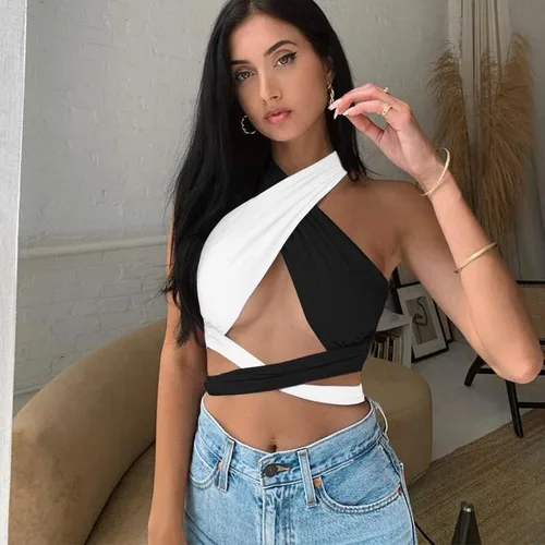 Vista 3 de ZAFUL - Ombliguera cruzada estilo halter de tejido acanalado para mujer camiseta sin mangas tipo con diseño fruncido y con lazos