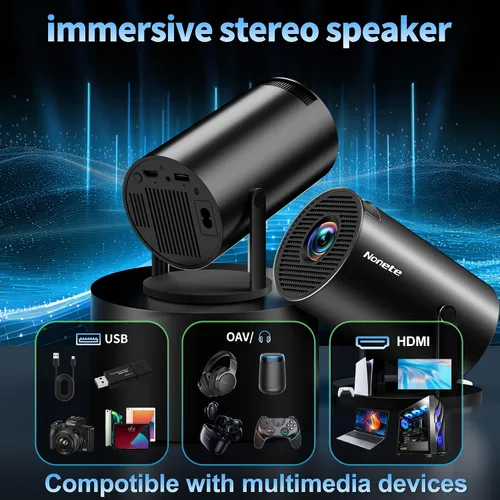 Vista 4 de Mini proyector 1080P, proyector 4K Full HD con WIFI 6 y Bluetooth 5.2, compatible con proyector portátil giratorio de 180° con corrección