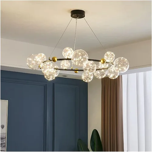 Vista 9 de Candelabros LED, lámparas de araña LED modernas de color dorado/negro con luces LED de cristal transparente, con forma de estrella para sala