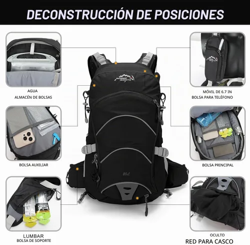Vista 2 de IX INOXTO Mochila de hidratación de 20 L, mochila impermeable para senderismo, con bolsa de agua de hidratación de 2 litros y cubierta de lluvia