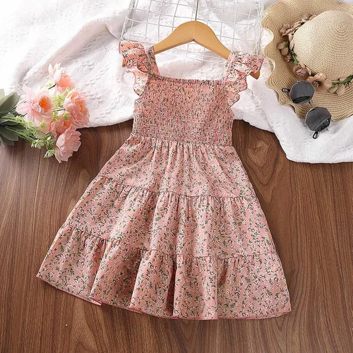 Vista 7 de Vestidos de manga con mosca para niñas pequeñas, vestido floral con mangas con vuelo, vestido de princesa de flores, vestido de verano para niños