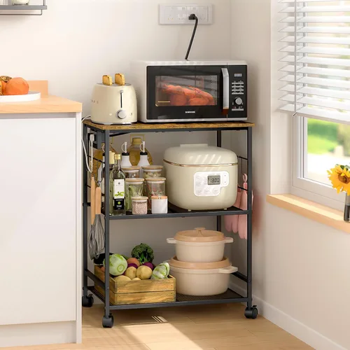 Vista 7 de ThreeHio Carrito de microondas de cocina rodante, soporte de mesa de microondas de 3 niveles con almacenamiento, carrito de cocina con ruedas