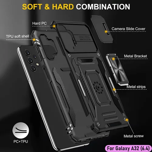 Vista 3 de Funda resistente para Samsung Galaxy A32 (4G), protector híbrido de goma de doble capa de grado militar con protector de cámara deslizante, soporte