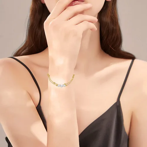 Vista 2 de Pulseras de perlas de oro de 14 quilates para mujer, pulsera de doble cadena de oro macizo con perlas cultivadas de agua dulce, joyería