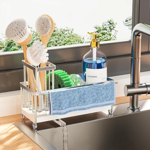 Vista 18 de Cisily Soporte de esponja negro extra grande para fregadero de cocina, organizador de fregadero con soporte alto para cepillos, organizadores