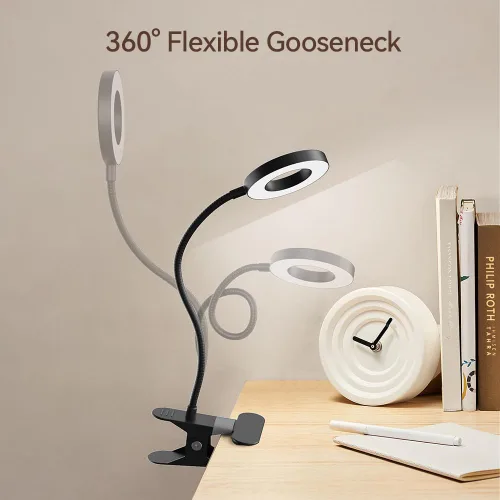 Vista 3 de Paquete de 2 lámparas de escritorio LED con clip, lámpara de metal ajustable 360 para el cuidado de los ojos con función de memoria, 3 modos