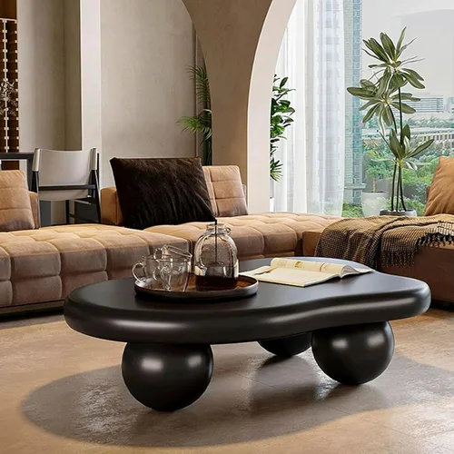 Vista 7 de Moderna mesa de centro de nube negra de 46 pulgadas con 3 patas de bola, mesa central ondulada irregular con diseño minimalista abstracto, pequeña