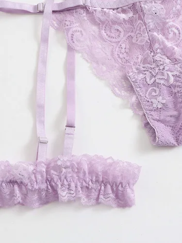 Vista 4 de WDIRARA - Conjunto de lencería para mujer, 3 piezas, malla floral
