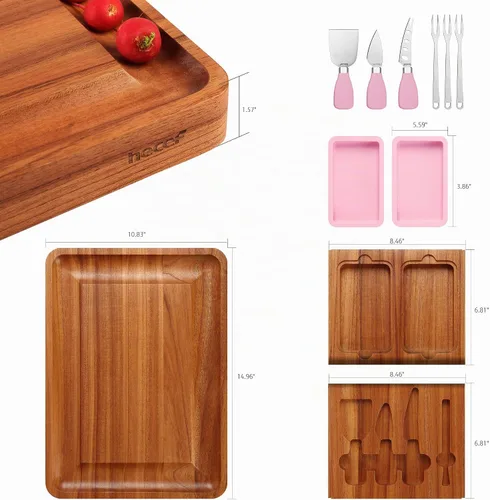 Vista 5 de hecef Juego grande de tabla de embutidos rosa con cuchillos de queso de acero inoxidable, juego de tabla de queso, bandeja de aperitivos de madera
