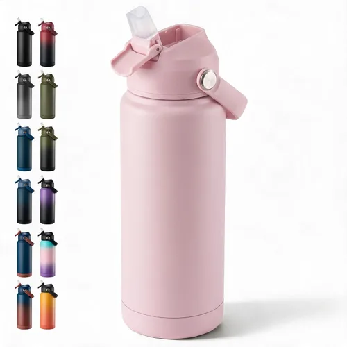 Vista 23 de Fijinhom Botella de agua aislada de 18 onzas con 2 tapas, botellas de agua de acero inoxidable, aspiradora de doble pared, mango portátil y parte