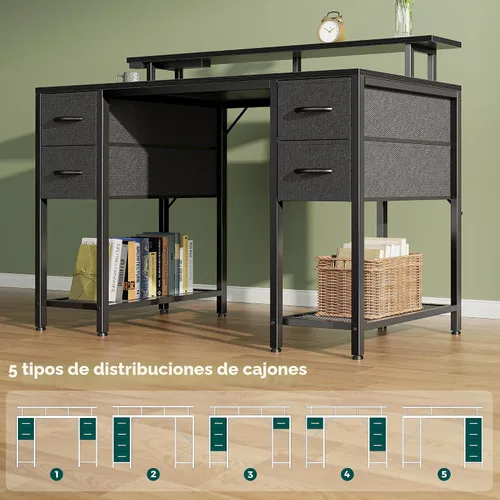 Vista 6 de Huuger Escritorio para computadora de 47 pulgadas con 4 cajones, escritorio para juegos con luces LED y tomas de corriente, escritorio de oficina