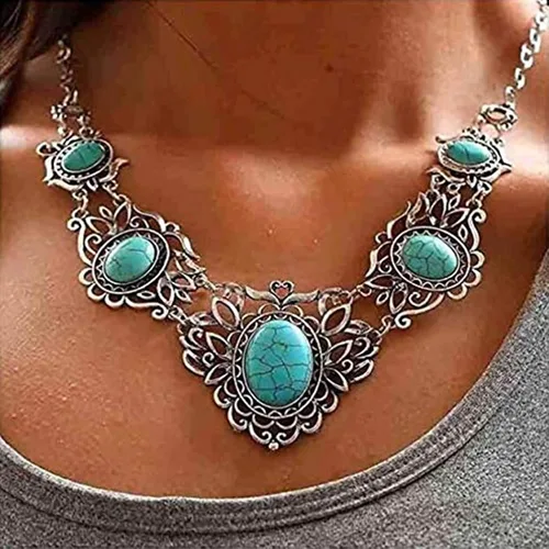Vista 4 de Simsly Collar de turquesa barroco, collares de plata, cadena y aretes para mujeres y niñas, Cristal, Aleación.