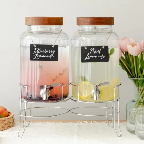 Vista 10 de Ilyapa Dispensador de bebidas de vidrio para fiestas - paquete de 3, dispensador triple de bebidas múltiples de 1 galón con soporte, tapas de madera