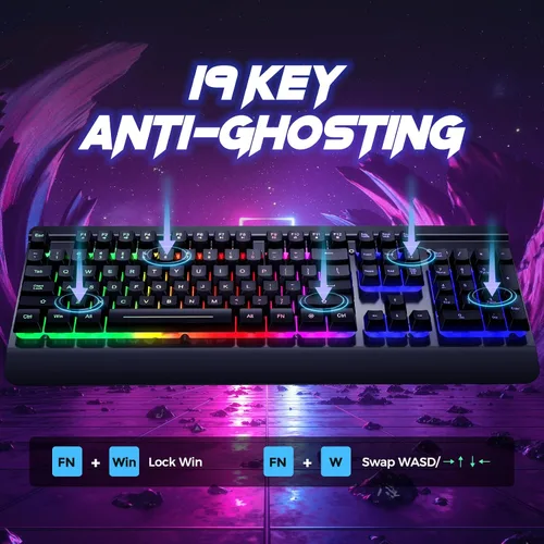 Vista 5 de RisoPhy Teclado para juegos, panel de metal de 104 teclas, teclado silencioso retroiluminado LED arco iris, reposamuñecas, teclas multimedia
