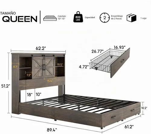 Vista 2 de HOWE Marco de cama de tamaño Queen con cabecera de estantería de 51.2 pulgadas, plataforma de madera con 2 cajones, puerta corrediza de granero