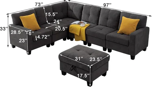 Vista 2 de Aeffze - Sofá modular modular con otomana de almacenamiento, sofá de tela de terciopelo en forma de L de 6 plazas, sofá esquinero moderno