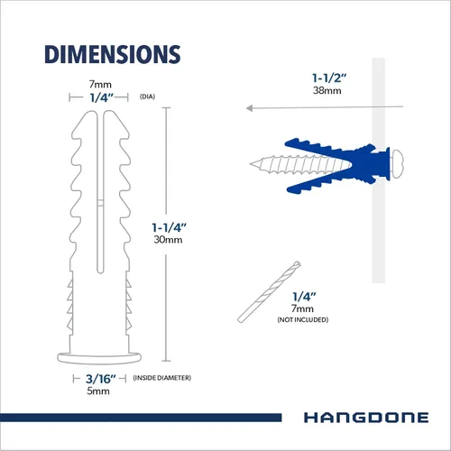 Vista 3 de Anclajes de pared acanalados #10-#12 de 1-1/4 pulgadas con tornillos, paquete de 100, azul, anclaje de plástico para paneles de yeso/hormigón