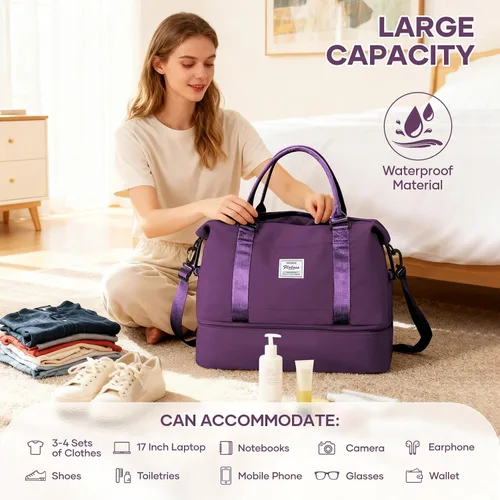 Vista 5 de VECAVE Bolsa de viaje para mujer, bolsa deportiva para gimnasio, E20-Púrpura profundo, Grande, Bolsa de viaje