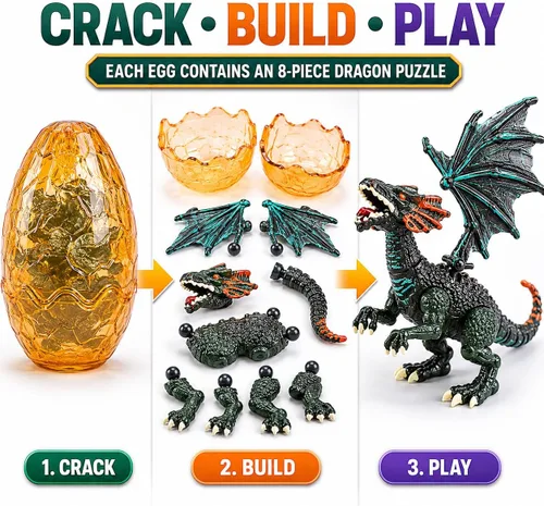 Vista 4 de [12 unidades] Deluxe figuras de dragón 3D realista – Puzzles Figura de dragón en huevos regalitos de Fiesta para niños juguete (5-pulgadas)