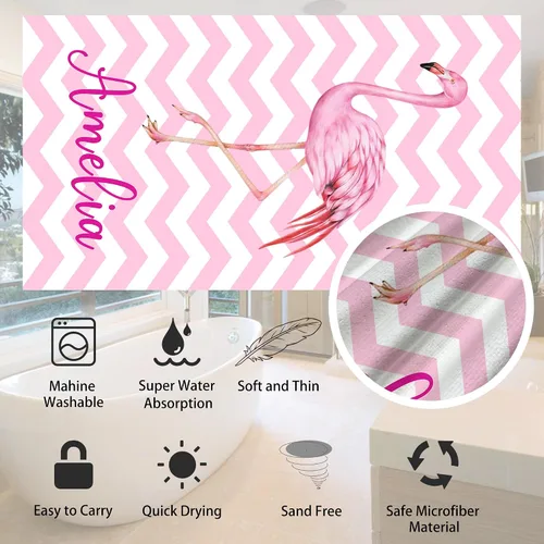 Vista 4 de Toallas de playa personalizadas de flamenco para niños y adultos, toalla de playa con nombre personalizado para niños y niñas, toalla de baño
