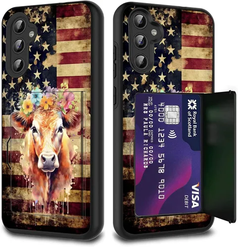 Vista 43 de Funda híbrida de doble capa con función atril para Samsung Galaxy A16 5G de 6.9 pulgadas, diseño de vaca con bandera estadounidense