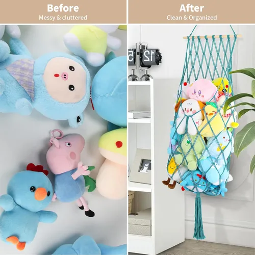 Vista 6 de Almacenamiento de Animales de Peluche de 68 Pulgadas, Hamaca Jumbo de Macramé para Animales de Peluche en Esquina, Hamaca Colgante de Pared y Techo