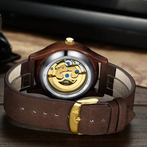 Vista 7 de Relojes para hombre de lujo, caja mecánica de madera, esqueleto Lumious, cuerda automática, ligera, pulsera de cuero auténtico, correa de madera