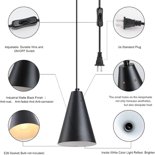 Vista 5 de Lámpara colgante negra enchufable, luces colgantes con interruptor de encendido/apagado de cable de enchufe, mini luces colgantes para isla