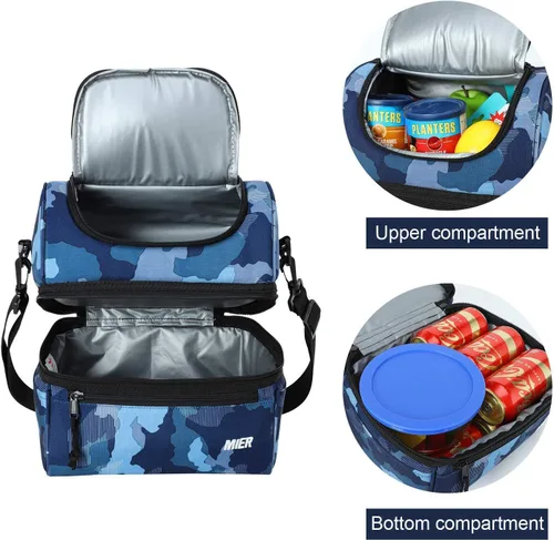 Vista 2 de MIER Lonchera para adultos, bolsa de almuerzo aislada, bolsa grande para mujeres, enfriador de doble cubierta, camuflaje (grande) y negro (mediano)
