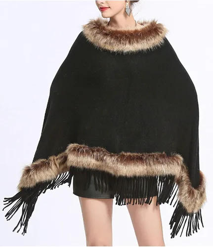Vista 4 de PUWEI - Poncho de piel de zorro sintético con borla para mujer