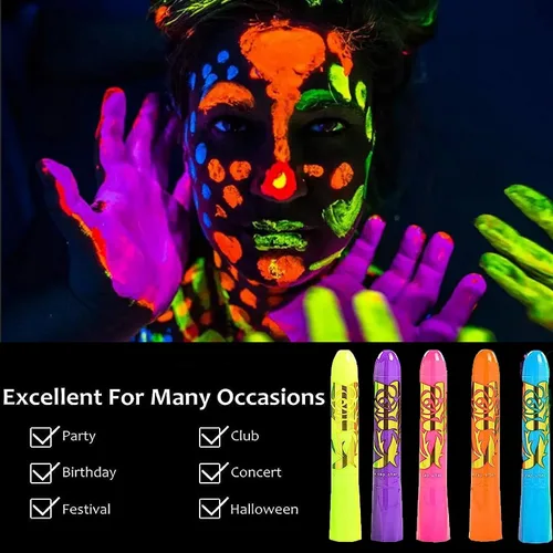 Vista 5 de 12 piezas de maquillaje de pintura facial y corporal con luz negra, kit de pintura facial que brilla en la oscuridad, palos de pintura de neón