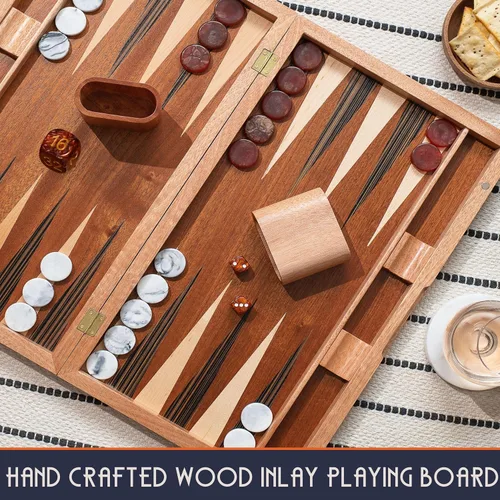 Vista 4 de Pointworks Juegos de backgammon de 17 pulgadas para adultos. Hermoso juego de mesa de backgammon con incrustaciones de madera con damas y dados